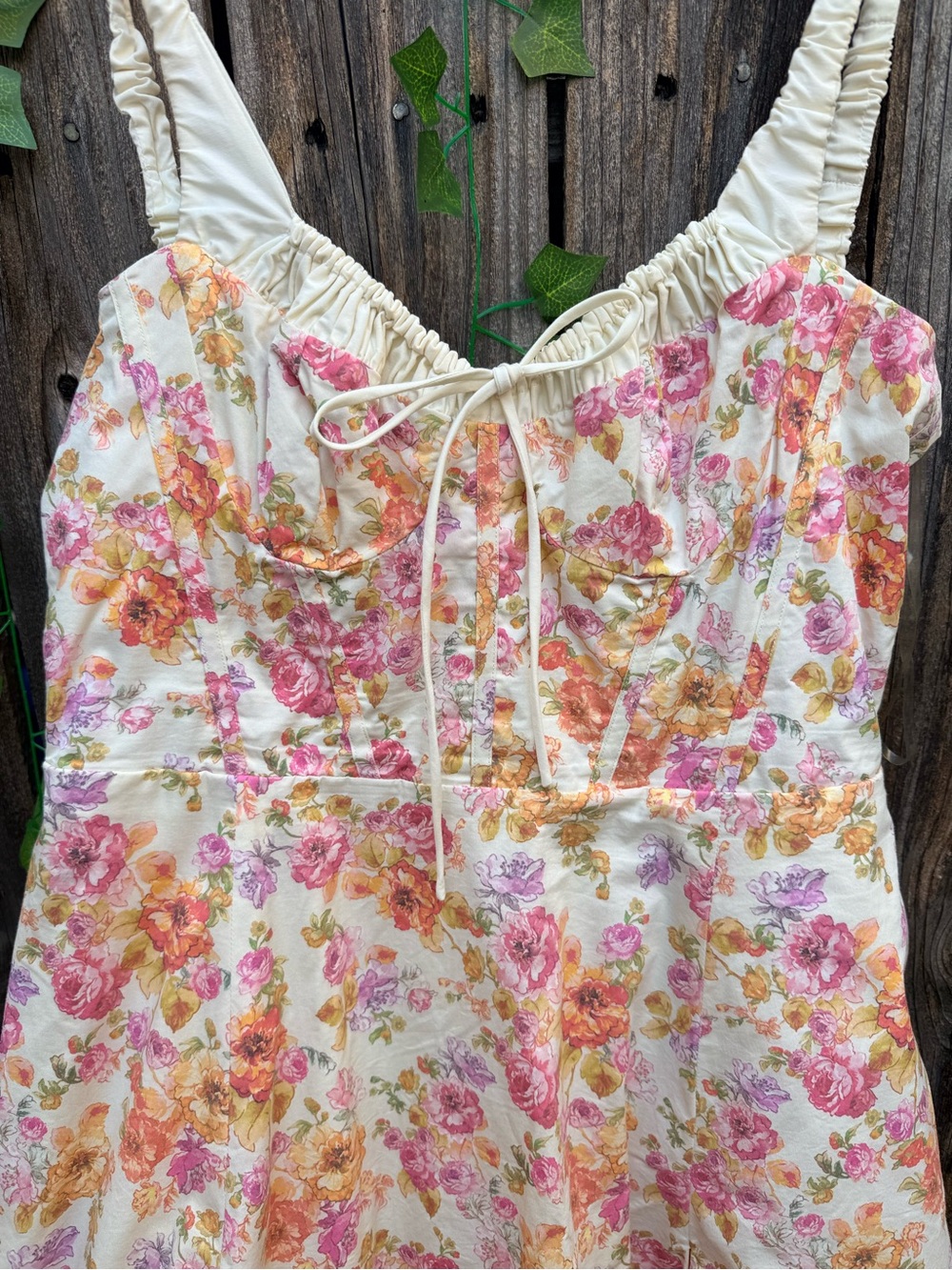 House of CB Cream Floral Midi Dress with Pink & Orange Roses
